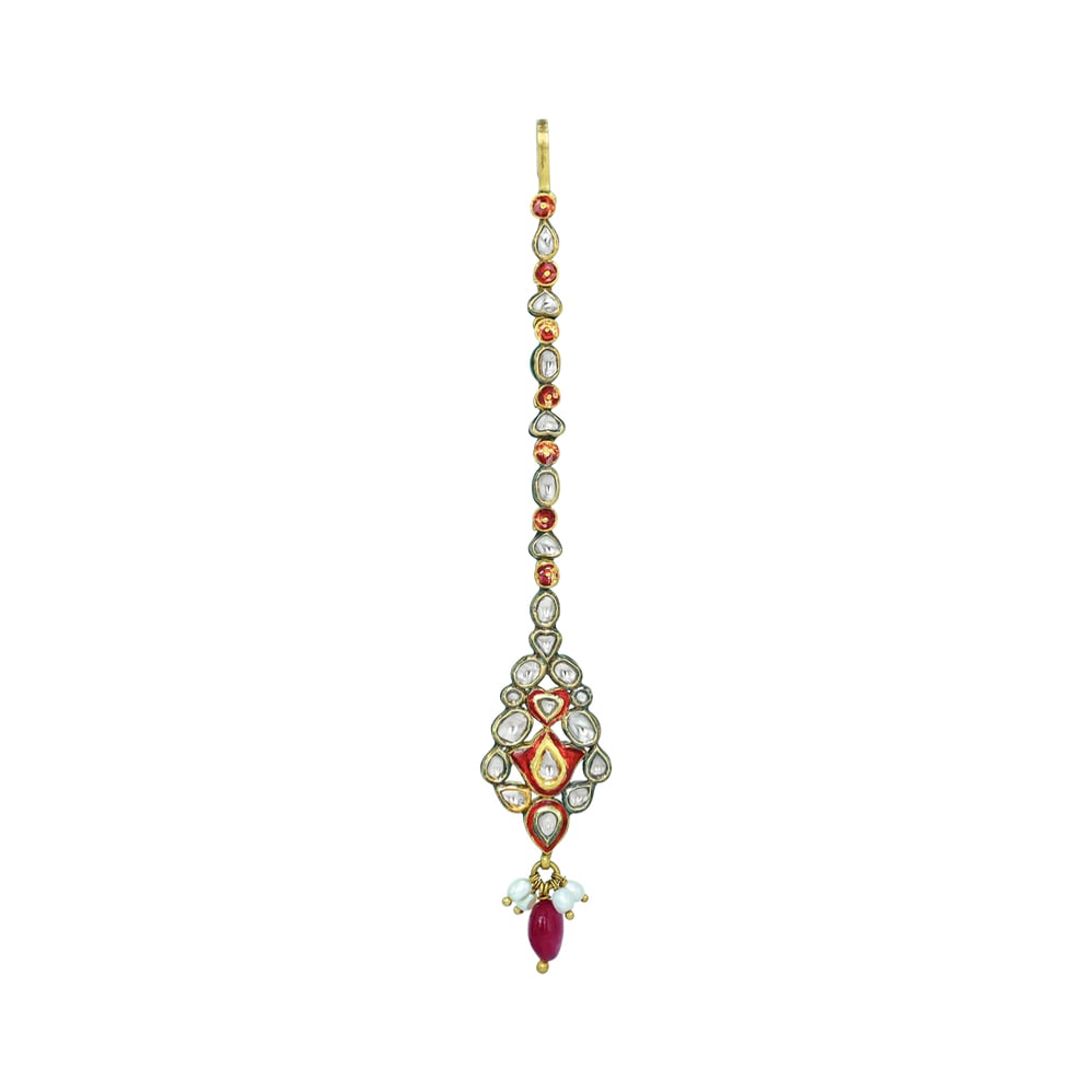Red Enamel Polki Mangtikka with a Drop and Pearls